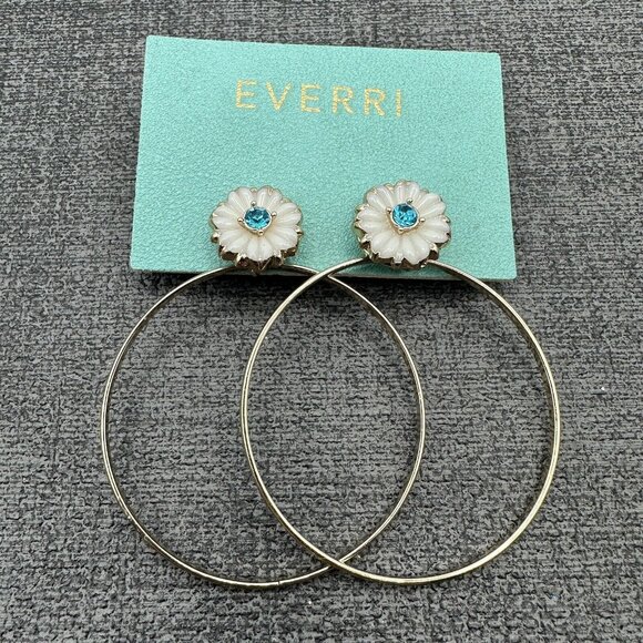 Everri White Blue Flower Hoop Earrings Rhinestone Glass Gold Tone Statement - Picture 1 of 8